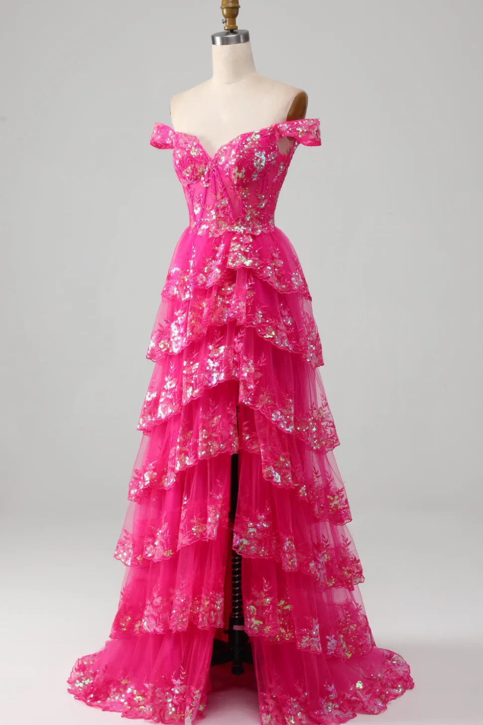 Fora do ombro Fuchsia vestido de baile com sequins