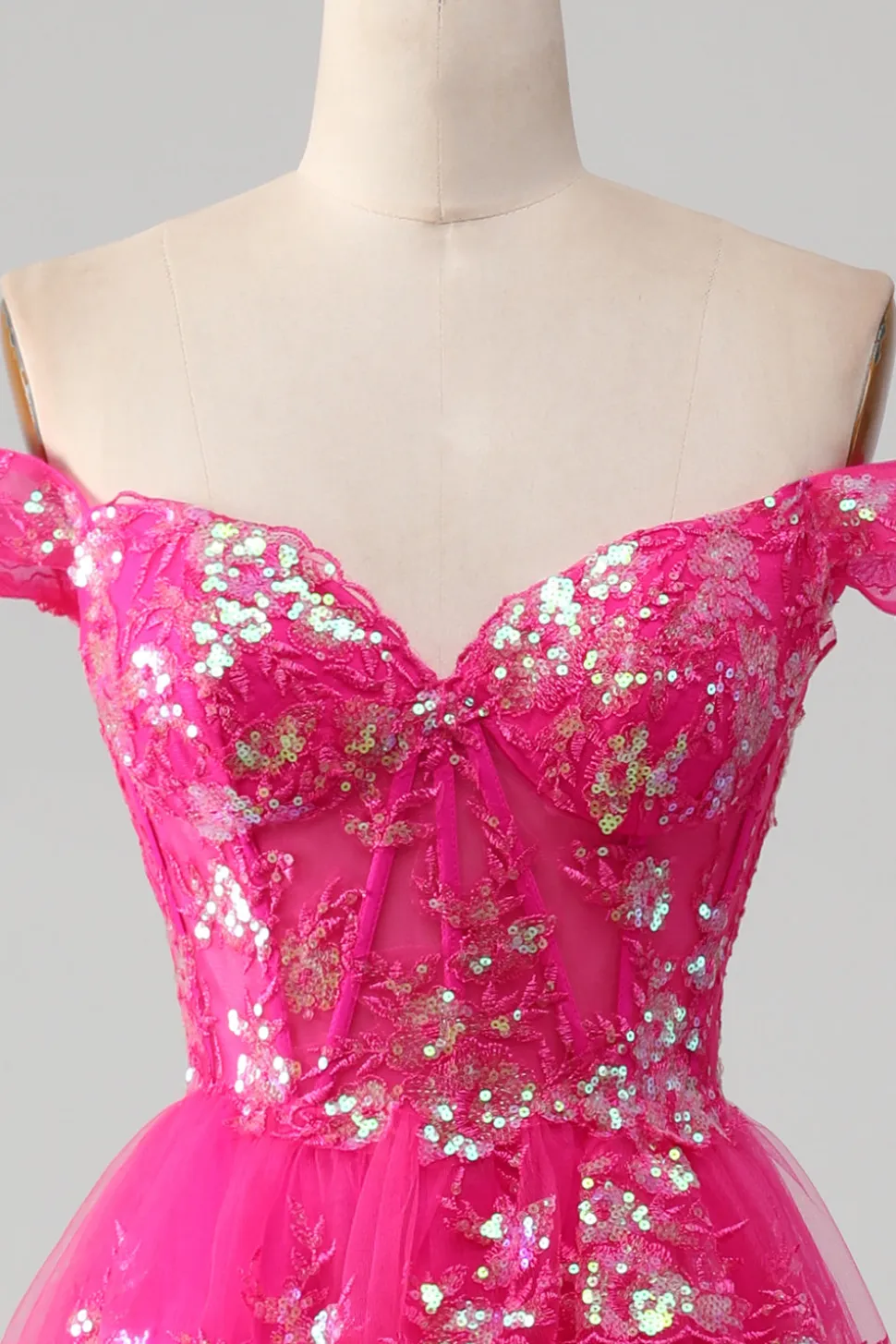 Fora do ombro Fuchsia vestido de baile com sequins