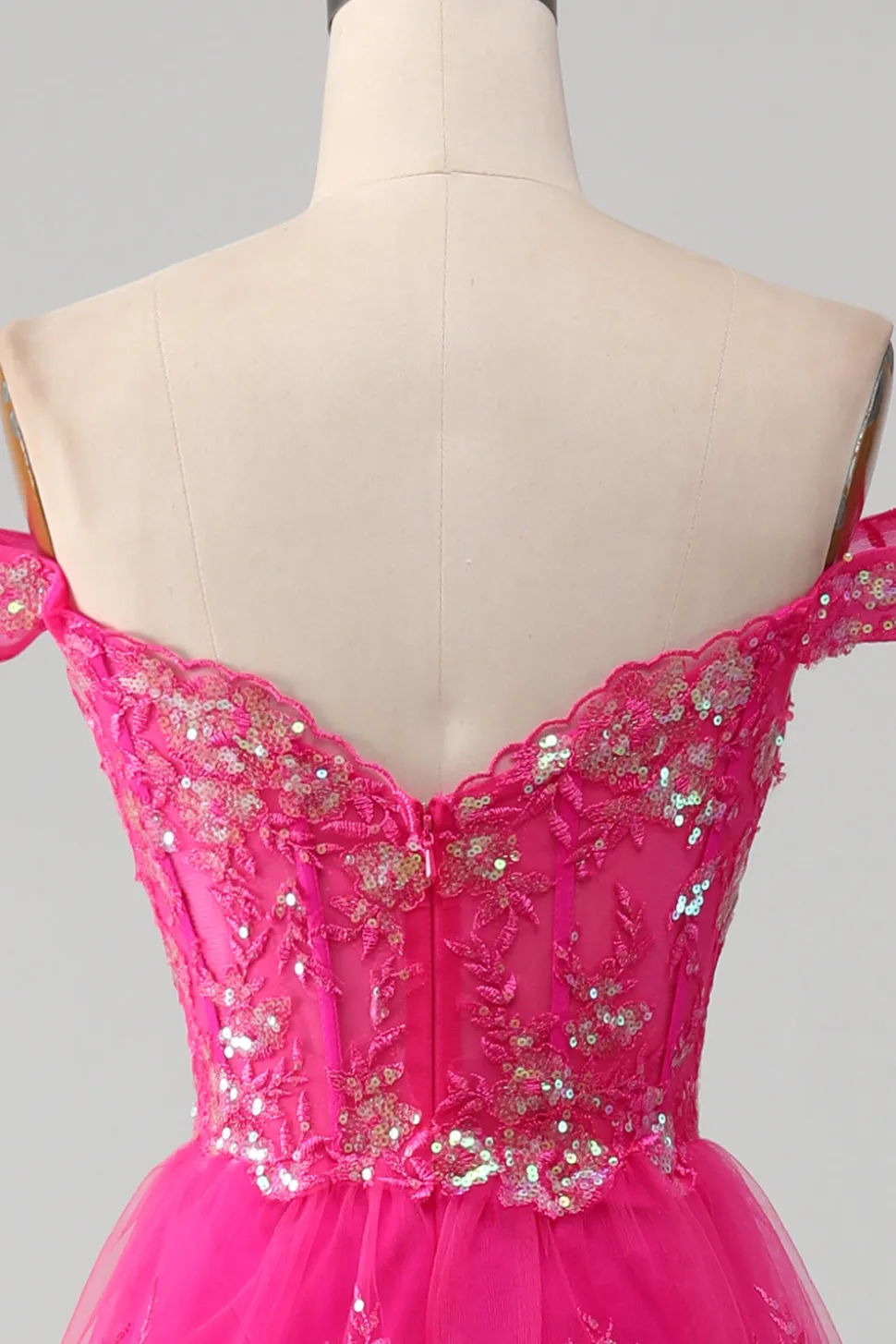 Fora do ombro Fuchsia vestido de baile com sequins