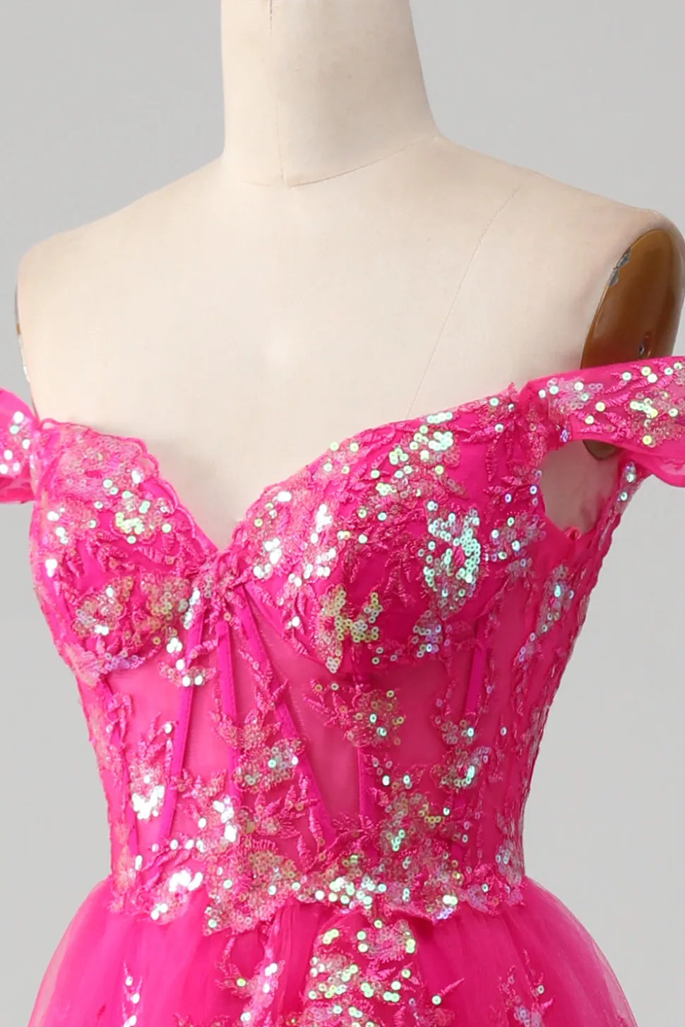 Fora do ombro Fuchsia vestido de baile com sequins