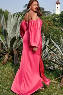Fora do Ombro Fuchsia Vestido Cerimónia Mangas Compridas