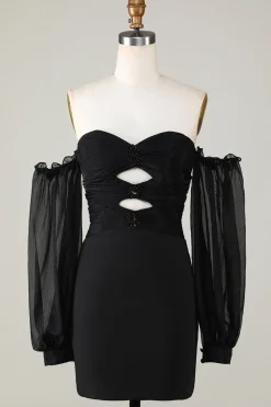 Fora do ombro Keyhole vestido preto Homecoming com frisos