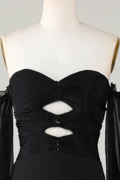 Fora do ombro Keyhole vestido preto Homecoming com frisos