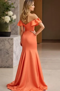 Fora do Ombro Laranja Sereia Longo Babados Vestido De Baile com Fenda