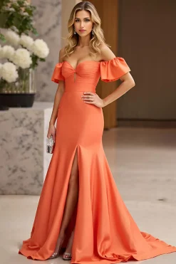 Fora do Ombro Laranja Sereia Longo Babados Vestido De Baile com Fenda