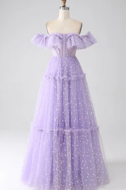 Fora do ombro Lilás Corset Prom Dress