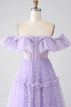 Fora do ombro Lilás Corset Prom Dress