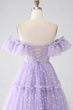 Fora do ombro Lilás Corset Prom Dress