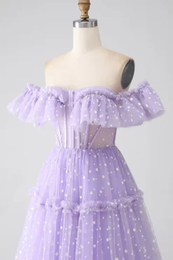 Fora do ombro Lilás Corset Prom Dress
