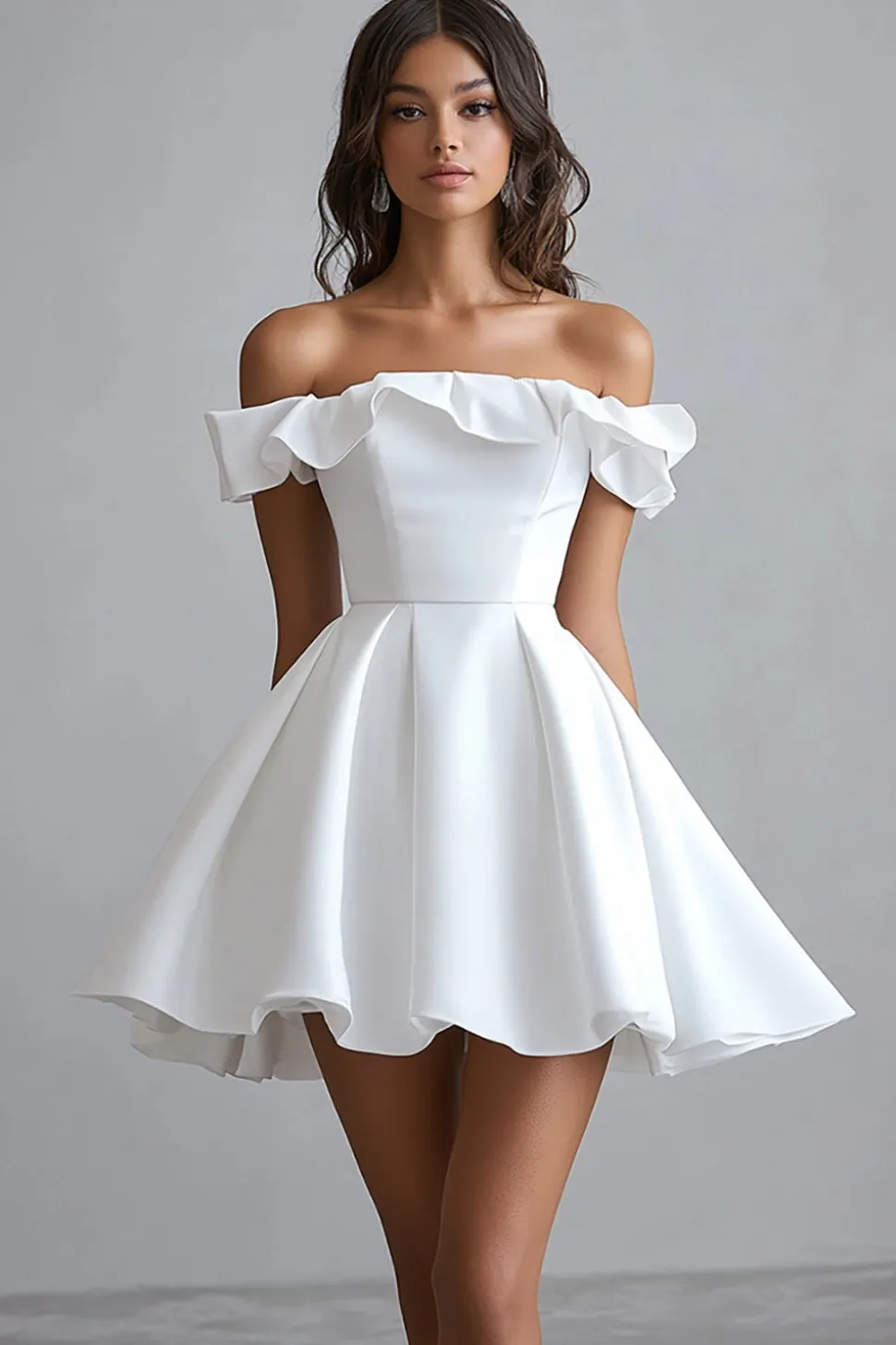 Fora do Ombro Linha-A Mini Cetim Vestidinho Branco