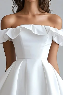 Fora do Ombro Linha-A Mini Cetim Vestidinho Branco