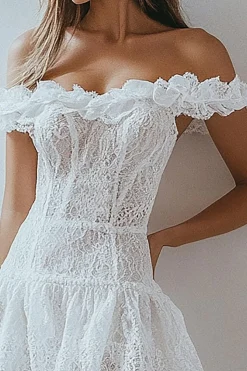 Fora do Ombro Linha-A Renda Curto Vestidinho Branco