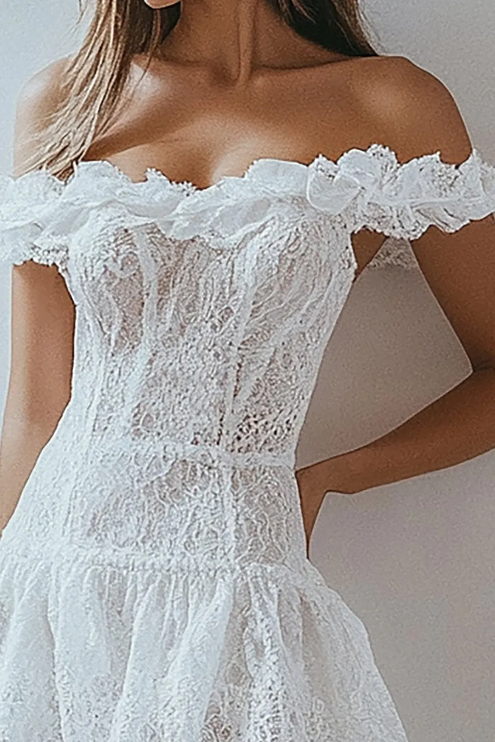 Fora do Ombro Linha-A Renda Curto Vestidinho Branco