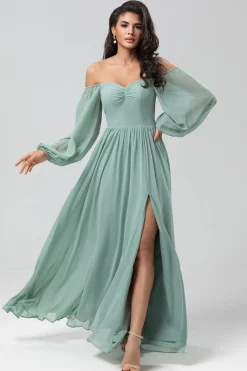 Fora do ombro mangas compridas vestido verde Bridemaid com fenda
