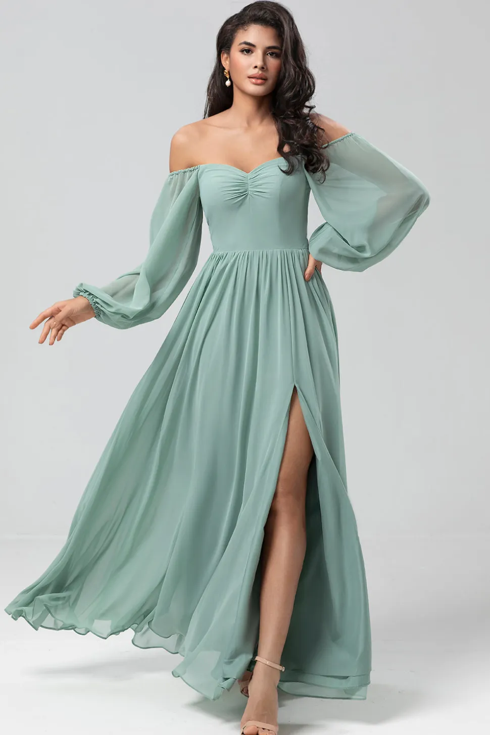Fora do ombro mangas compridas vestido verde Bridemaid com fenda