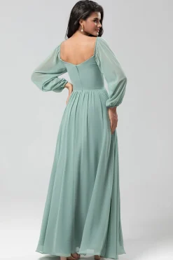 Fora do ombro mangas compridas vestido verde Bridemaid com fenda