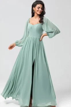 Fora do ombro mangas compridas vestido verde Bridemaid com fenda