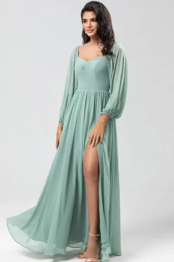 Fora do ombro mangas compridas vestido verde Bridemaid com fenda