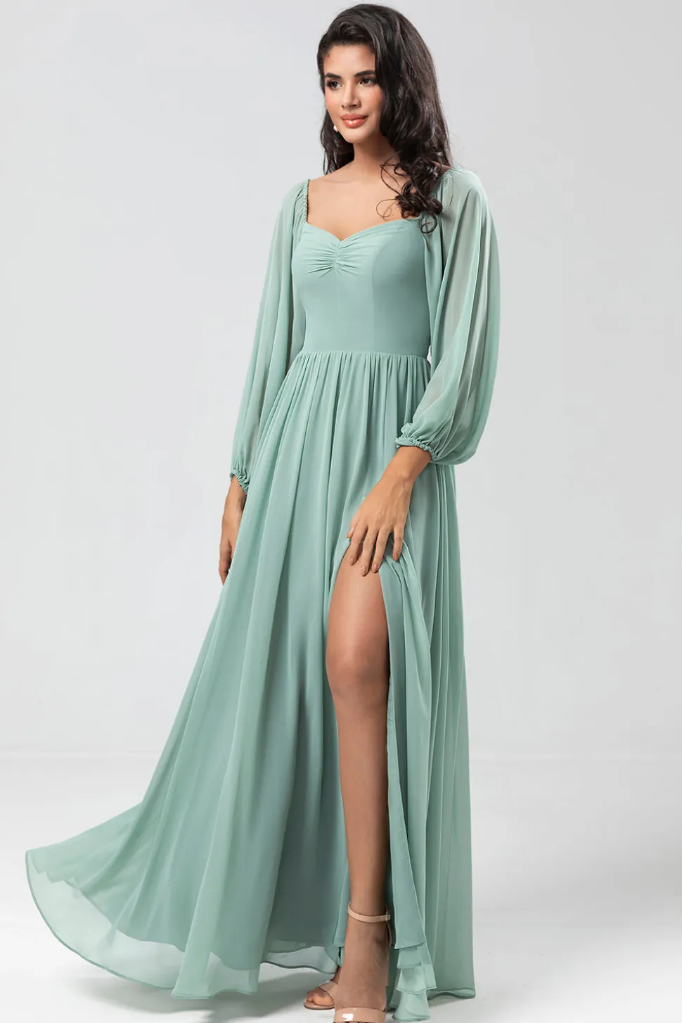 Fora do ombro mangas compridas vestido verde Bridemaid com fenda