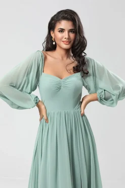 Fora do ombro mangas compridas vestido verde Bridemaid com fenda