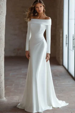 Fora do ombro marfim vestido de noiva manga longa