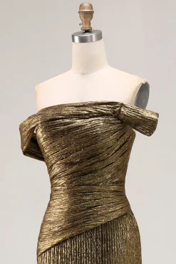 Fora do ombro metalizado vestido de baile de formatura com fenda