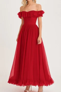 Fora do ombro plissado babado uma linha vermelha longo vestido formal