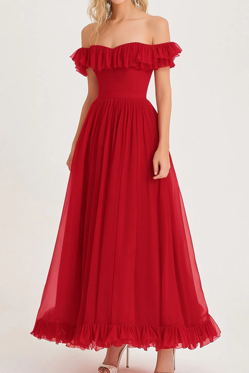 Fora do ombro plissado babado uma linha vermelha longo vestido formal