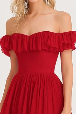 Fora do ombro plissado babado uma linha vermelha longo vestido formal