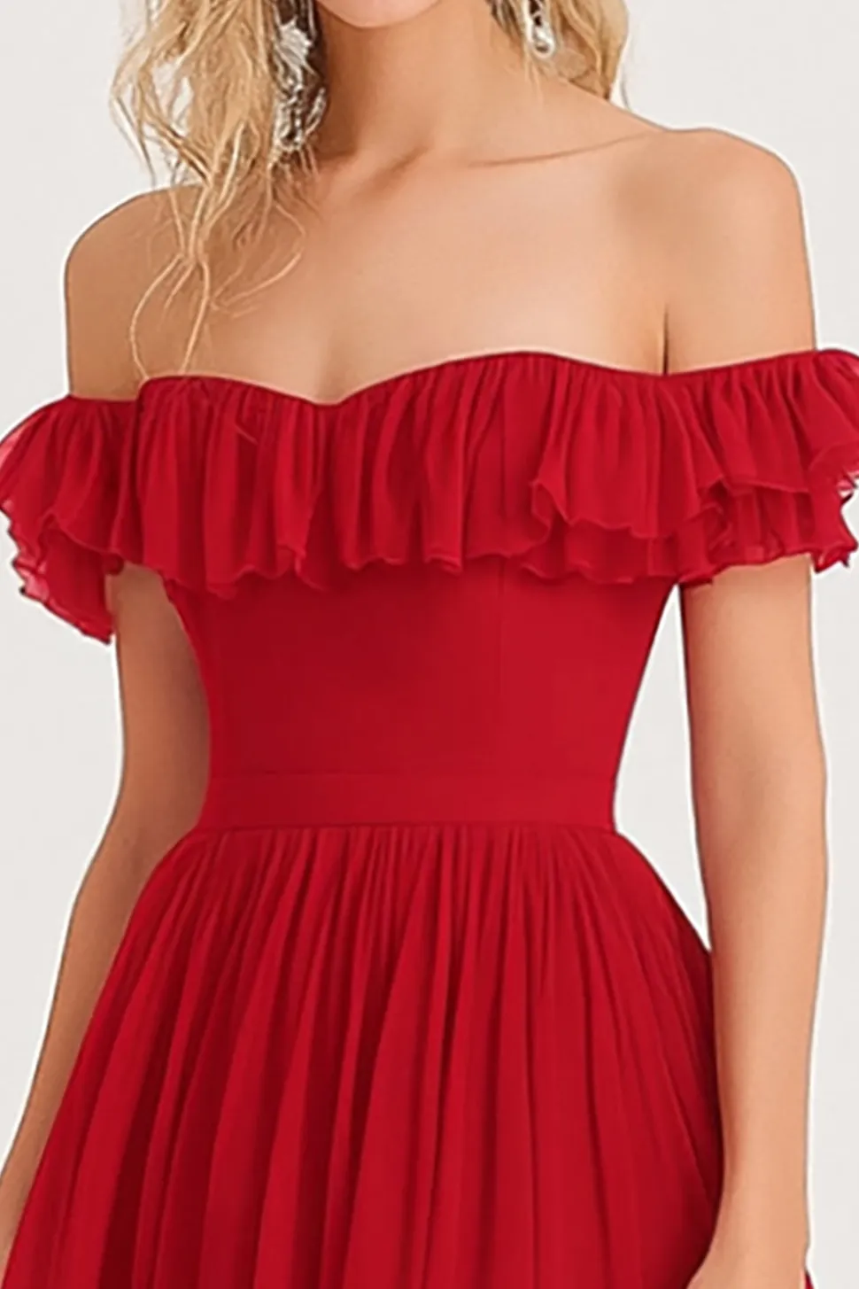 Fora do ombro plissado babado uma linha vermelha longo vestido formal