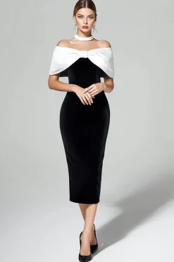 Fora do ombro preto branco veludo bainha midi vestido formal