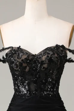 Fora do ombro preto brilhante sereia vestido de baile