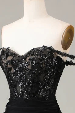 Fora do ombro preto brilhante sereia vestido de baile