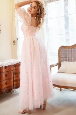 Fora do Ombro Rosa Vestido de Festa Com Bordado