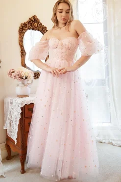 Fora do Ombro Rosa Vestido de Festa Com Bordado