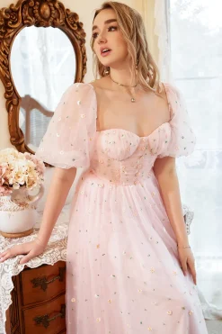 Fora do Ombro Rosa Vestido de Festa Com Bordado