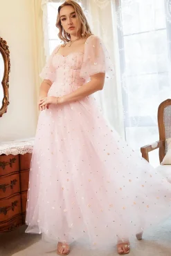 Fora do Ombro Rosa Vestido de Festa Com Bordado