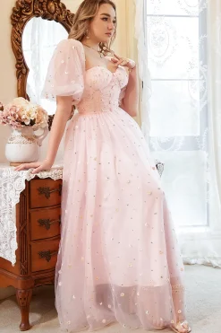Fora do Ombro Rosa Vestido de Festa Com Bordado
