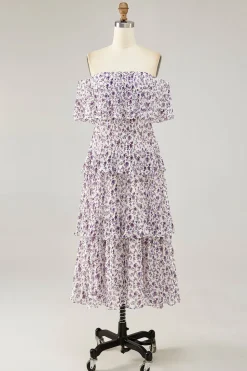 Fora do ombro roxo flor estampada uma linha de vestido de casamento convidado