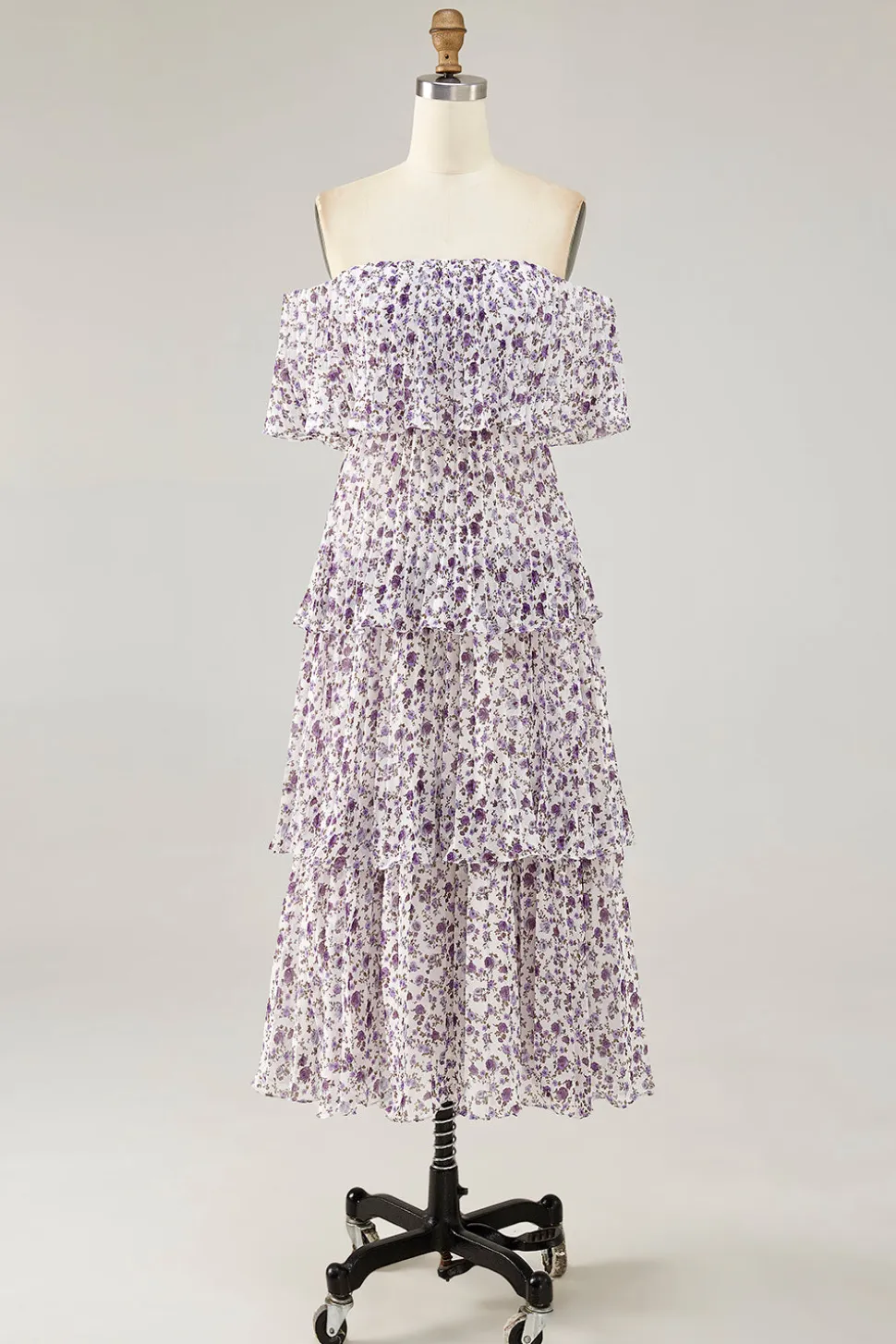 Fora do ombro roxo flor estampada uma linha de vestido de casamento convidado