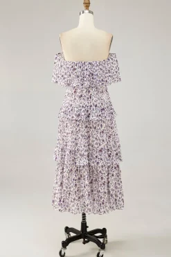 Fora do ombro roxo flor estampada uma linha de vestido de casamento convidado