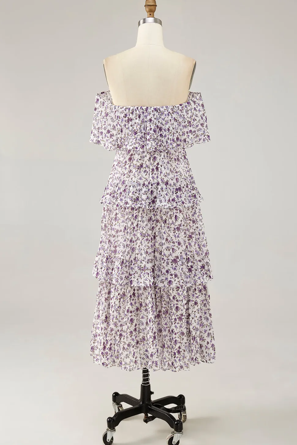 Fora do ombro roxo flor estampada uma linha de vestido de casamento convidado