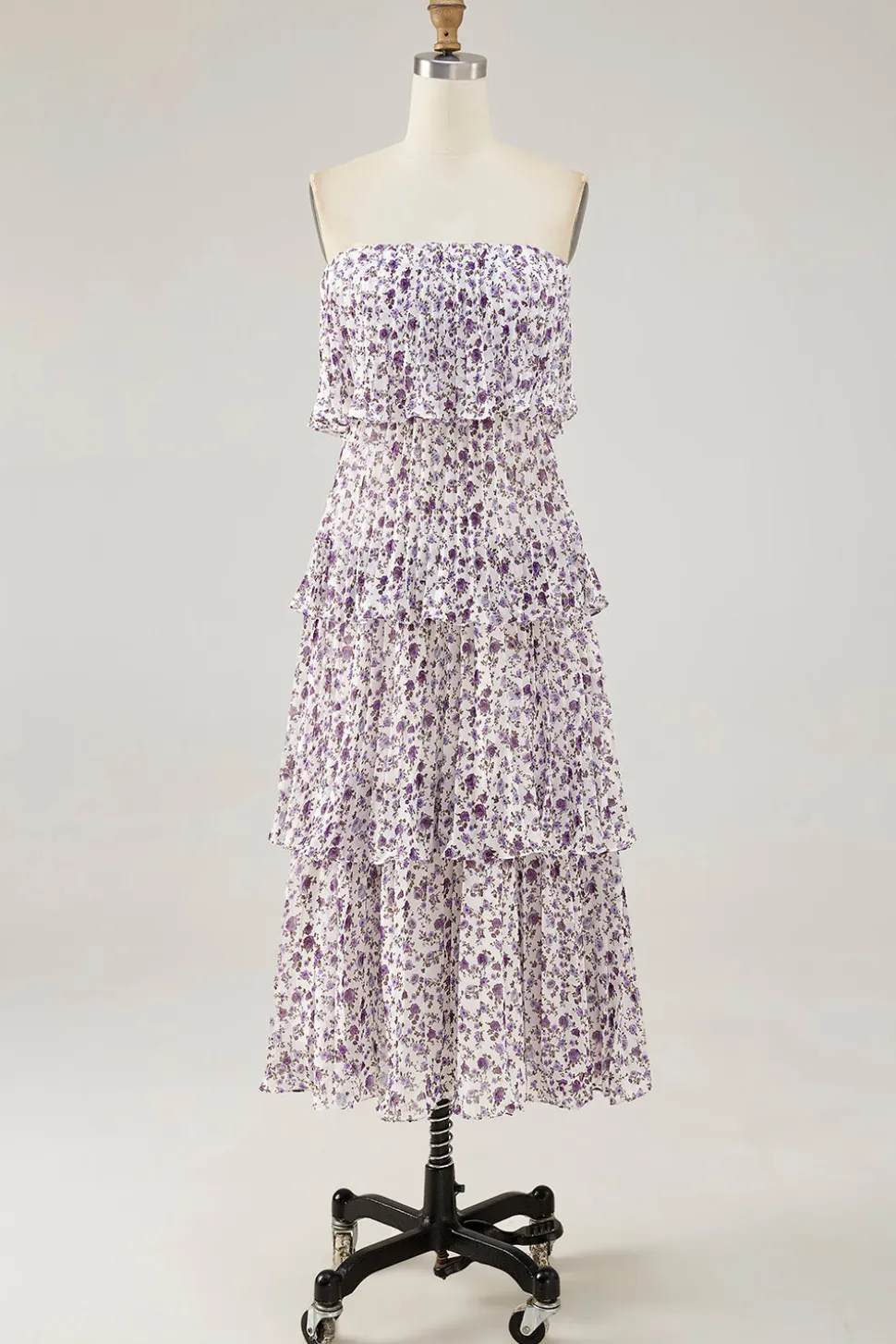 Fora do ombro roxo flor estampada uma linha de vestido de casamento convidado