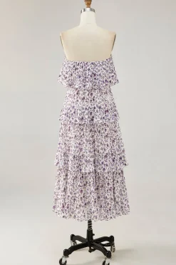 Fora do ombro roxo flor estampada uma linha de vestido de casamento convidado