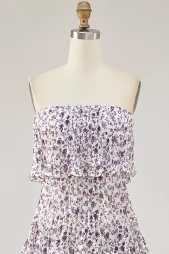 Fora do ombro roxo flor estampada uma linha de vestido de casamento convidado