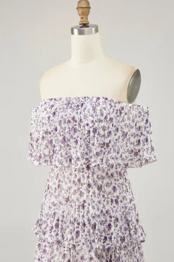 Fora do ombro roxo flor estampada uma linha de vestido de casamento convidado