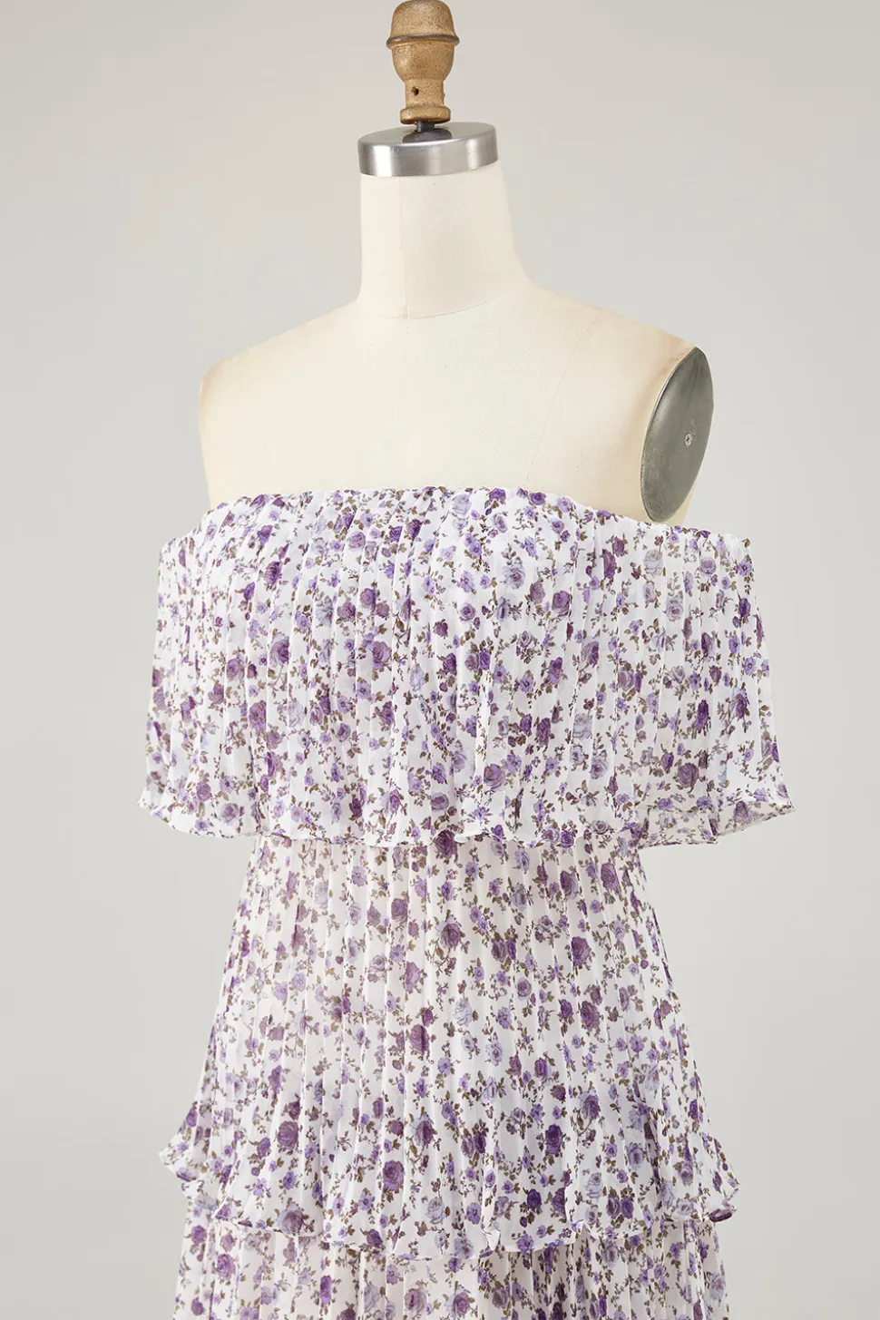 Fora do ombro roxo flor estampada uma linha de vestido de casamento convidado