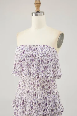 Fora do ombro roxo flor estampada uma linha de vestido de casamento convidado