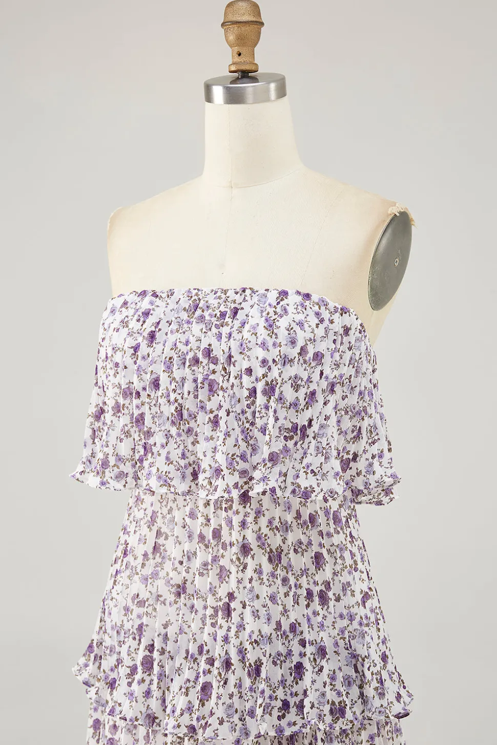 Fora do ombro roxo flor estampada uma linha de vestido de casamento convidado