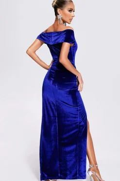 Fora do ombro Royal Blue Velvet Holiday Party Dress com fenda